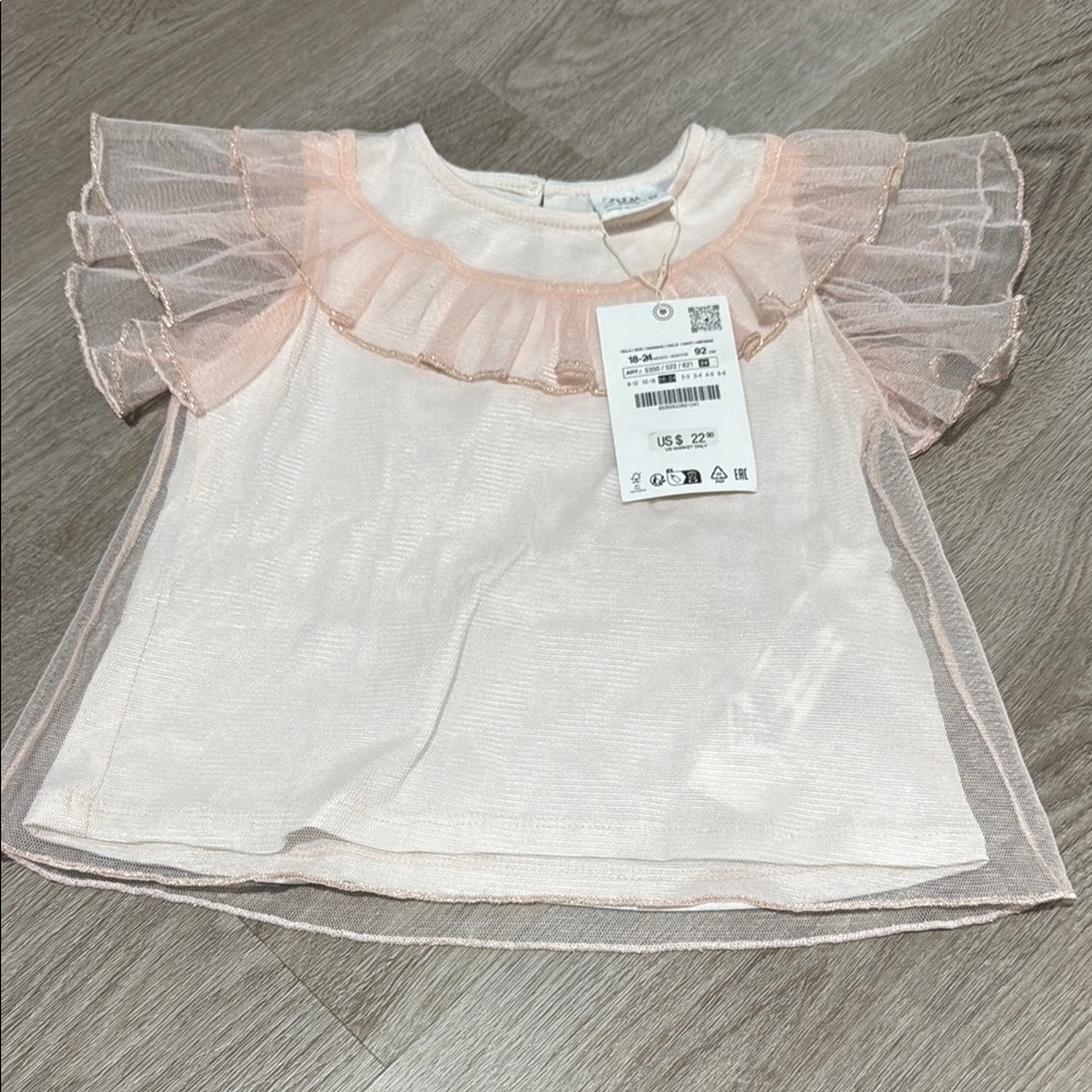 NWT Zara girls Pink Ruffle Sleeve Kids Top sz 18-24 mos